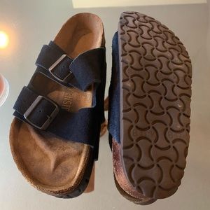 Navy Blue Suede Leather “Arizona” Birkenstock 2-Buckle Footbed Sandals
